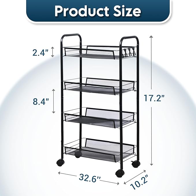 LOFTEY 4 Tier Rolling Storage Cart, Small Metal Utility Cart on Wheels, Rolling Organizer Carts for Kitchen, Bathroom, Laundry Room, Office, Easy No-Tool Assembly, Black