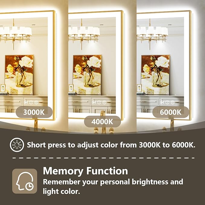 57x36 Inch LED Bathroom Mirror with Lights (Front Lit and Backlit) Gold Framed Lighted Vanity Mirror for Bathroom Wall Dimmable Anti-Fog Memory Tempered Glass Horizontal/Vertical