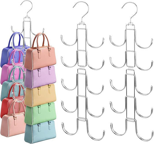 3Pack Purse Organizer for Closet, Stainless Steel Purse Holder Bag Hanger, Hanger Rack Space Saver with 10 Big Hooks for Handbags Belt Scarves Organizer&Display, 360 Degree Rotation