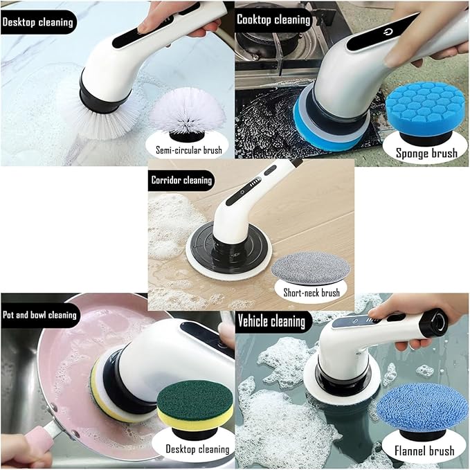 Electric Spin Scrubber, Multi-Purpose Cleaner,9 in 1 Electric Spin Scrubber,Cordless Cleaning Brush with 9 Replaceable Heads,Cordless Shower Scrubber,Adjustable and Detachable Handle(White)