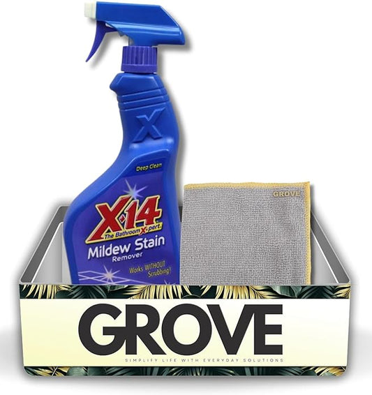 Malco X-14 Mildew Stain Remover Spray 1 qt Bundle with Microfiber Cloth - Fast-Acting Mold and Mildew Cleaner for Grout, Tile, Vinyl, Plastic, Boats, and More - No Scrubbing Required - (2 Items)