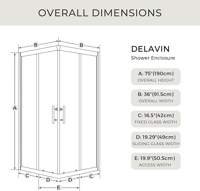 DELAVIN 36.in W x 36.in L x 75.in H Shower Enclosure, SGCC Clear Tempered Double Sliding Shower Door with Explosion-Proof Film, Corner Shower Glass Enclosure In Matte Black (Shower Base Not Included)