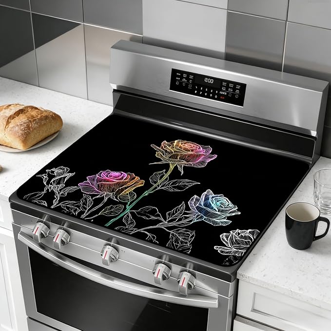 Glass Stove Top Covers for Electric Stove, Heat Resistant Counter Protector Mat, Non Slip Waterproof Surface Cover for Kitchen Counter and Cooktop (Neon Rose Trio, 28"L x 20"W)