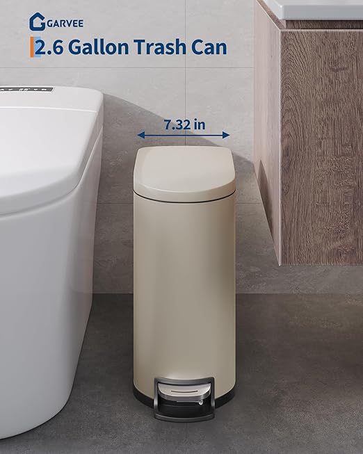 Stainless Steel Bathroom Trash Can with Lid, Slim Waterproof Garbage Can, Small Step-on Metal Trash Bin with Soft Close Lid, Inner Bucket & Rear Handle for Bathroom, Bedroom, Kitchen