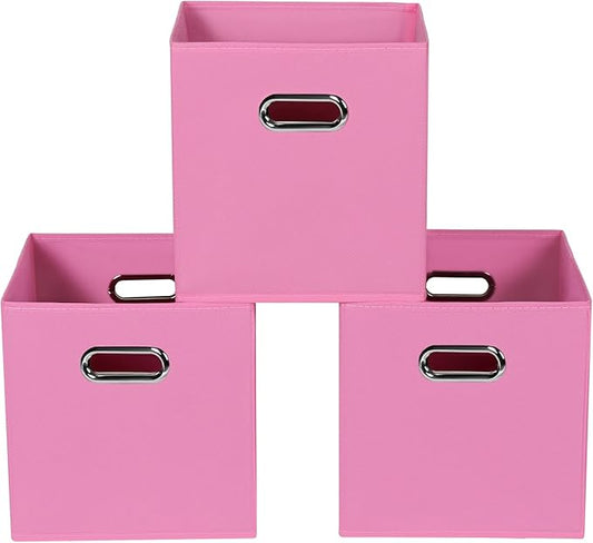 Fabric storage bins Cubes, Fabric Cube Organizer with Handle, Foldable Cube Bins for Cloth or Accessary Storage, 11x11x11, Set of 3, (Pink)