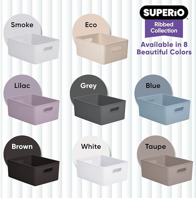 Decorative Plastic Basket Open Home Storage Bins Organizer, Large Taupe (6 Pack) Container Boxes for Organizing Closet Storage Bins for Shelves Drawer Shelf - Ribbed Collection 15 Liter/16 Quart