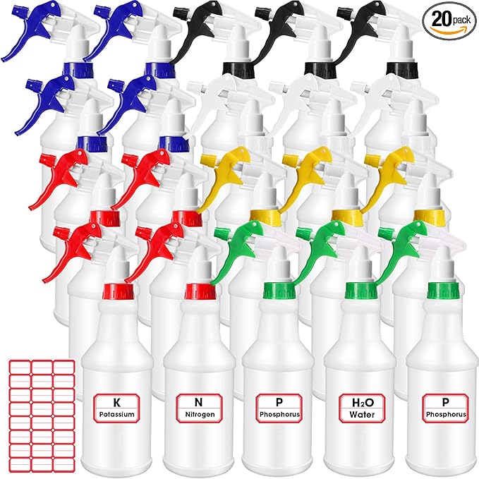 Rtteri 20 Pack 32oz Plastic Spray Bottles for Cleaning Solutions, Empty Spray Bottles Bulk, Adjustable Leak Proof with Label for Plants Pet BBQ Kitchen(Multicolor)