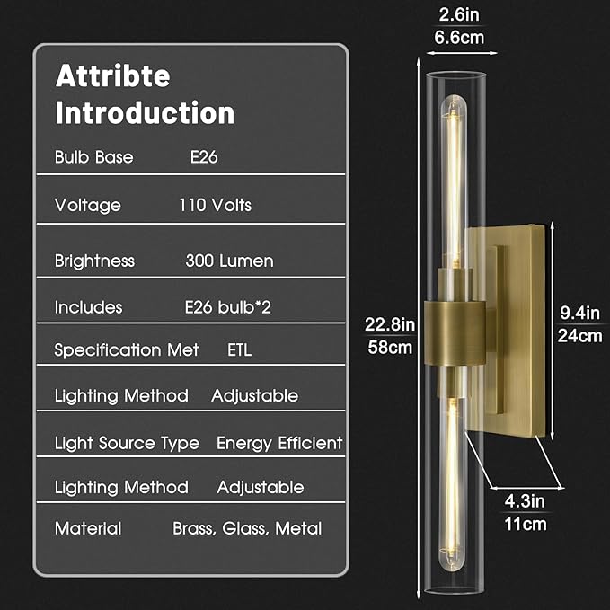 Brass Wall Sconces, 22.8" Bathroom Wall Sconce, Gold Wall Sconces Set of 2, 2-Light Dimmable Wall Sconce, Sconces Wall Lighting With Glass, Bathroom Vanity Light, Tube Sconce for Living Room, Hallway