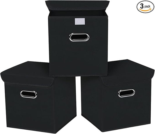 Closet Organizers Fabric Storage Bins With Lids Collapsible Cube Storage Organizer Basket With Handles,Storage Boxes for Clothes Storage,Office,Toys,3 Pack,（Black