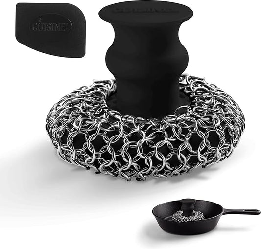 Cuisinel Cast Iron Chainmail Scrubber + Pan Scraper - Deluxe Ergonomic Stainless and Silicone Cleaner for Pots and Skillets - Food-Safe Design - Easy to Clean Dishwasher Safe Cookware Sponge Accessory