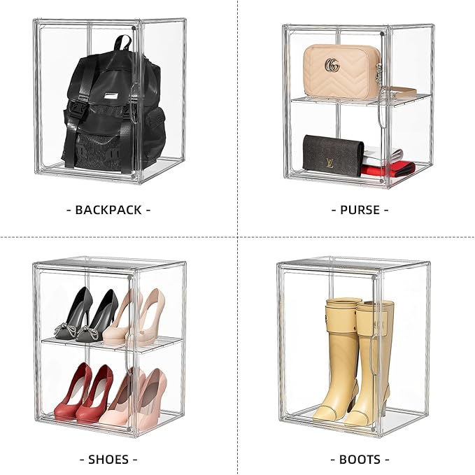 Clear Acrylic Display Case, Super Large Stackable Storage Bins Magnetic Attraction Lids, Acrylic Box with Compartment Divider for Collectibles, Figures, Cosmetic, Purse, Handbag, Wallet, 1 Pack