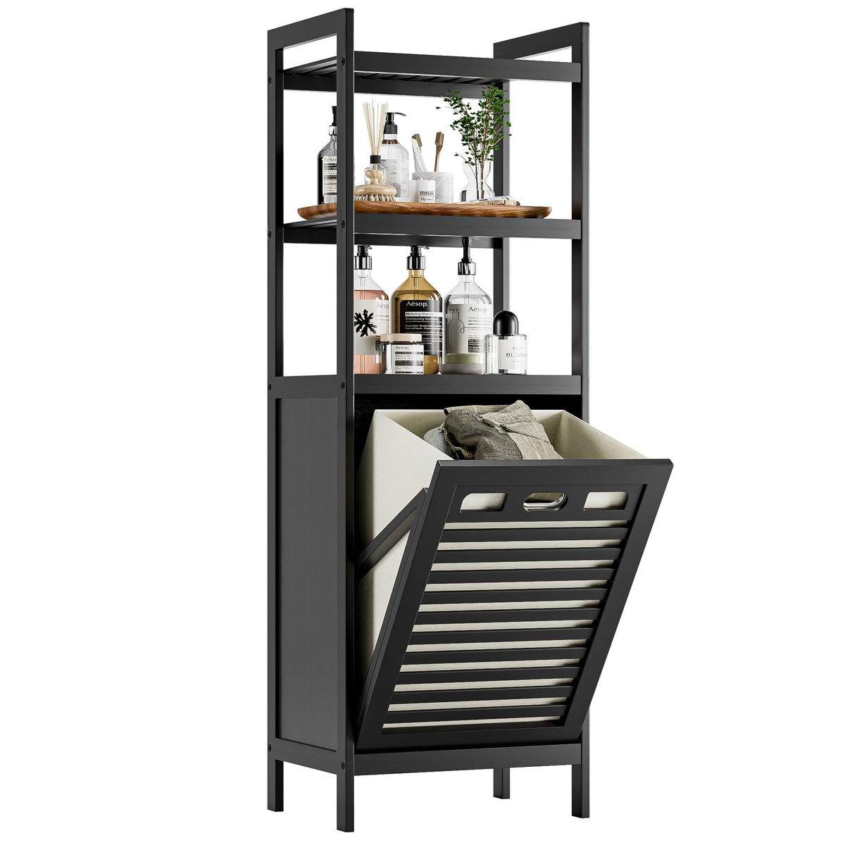 HITNET Tilt Out Laundry Hamper, Bamboo Bathroom Cabinet with Pull - Image 1