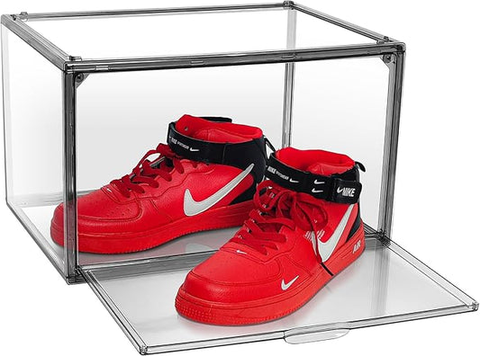 Shoe Storage Boxes Size 14, Acrylic Shoe Box Sneaker Display Case Plastic Stackable Shoes Boots Organizer with Magnetic Lid, 1 Pack,Black