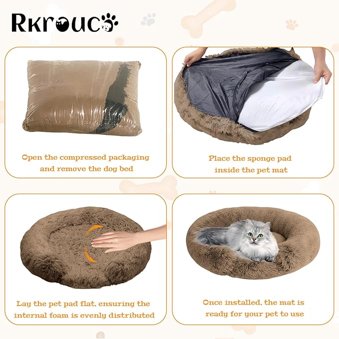Fluffy Dog Bed Calming Donut Beds for Large Dogs Warming Round Small Medium Pet Nest Cozy Cat Mattress Indoor Washable Puppy Kennel Kittens Sleep Mat (S, 23.6×23.6 inch, Light Brown)
