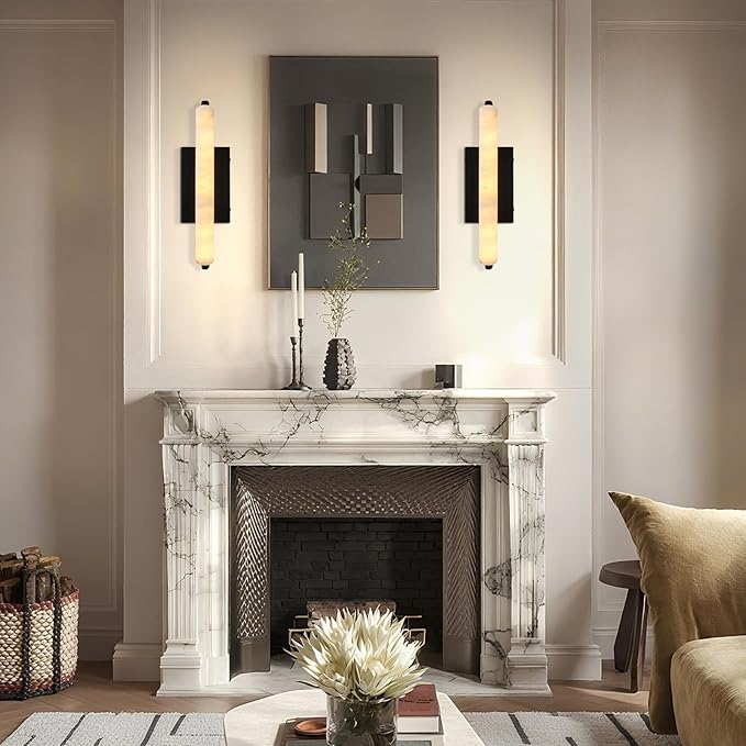 Alabaster Wall Sconces, 15" Black Alabaster Sconce, Spanish Natural Marble Bathroom Vanity Sconces, Rectangle Modern Sconces Lighting for Bedroom Living Room Staircases Hallway