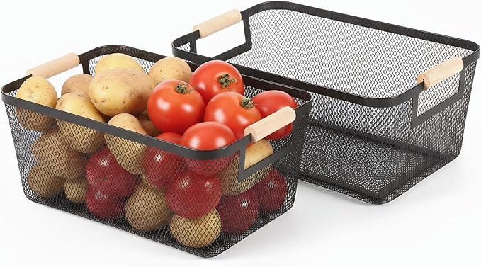 2-Pack Metal Mesh Basket, Medium Wire Storage Organizer with Wood Handle for Kitchen Pantry, Bathroom, Cabinet, Closet, Picnic & Home Organization, Medium, Black