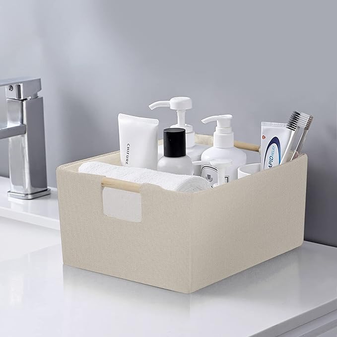 ANMINY 4PCS Storage Baskets for Organizing Collapsible Fabric Storage Bins Boxes with Wood Handles Closet Shelves Cube Organizer Bins Clothes Laundry Storage Container - Medium, Beige