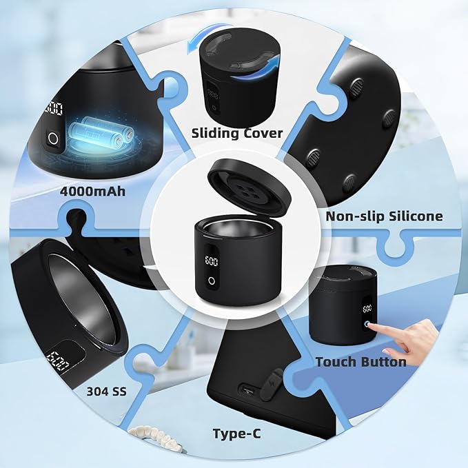 Ultrasonic Retainer Cleaner Machine, 2026 Upgraded Rechargeable 4000mAh Battery | 48kHz Ultrasonic Dental Cleaning Pod for Night Guard, Invisalign, Braces, Denture, Toothbrush and Jewelry - Black