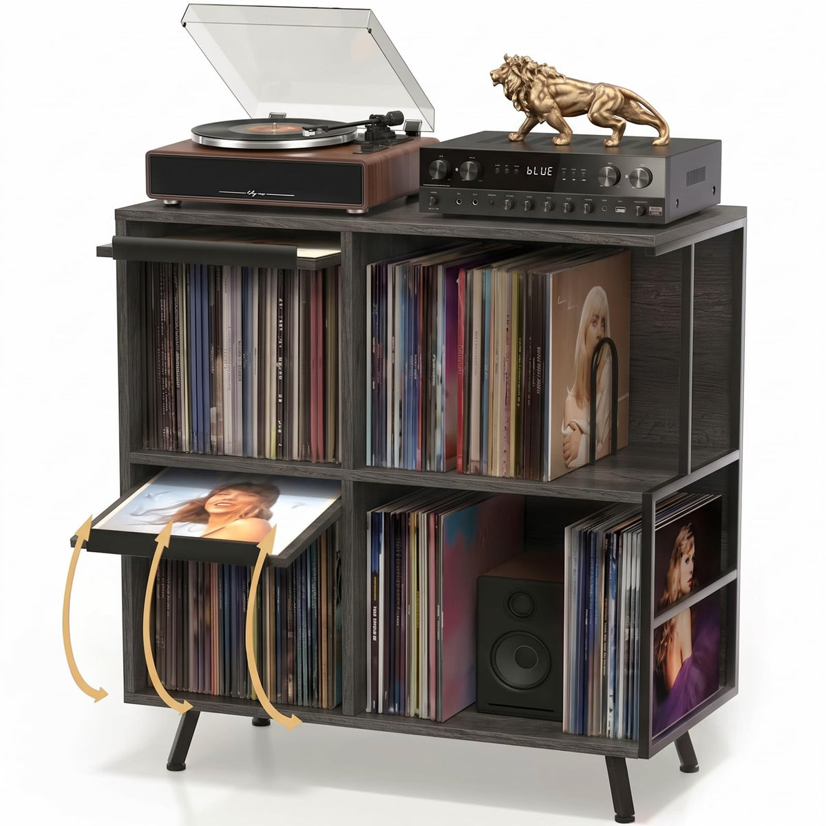 3 Tier Record Player Stand with Flip-Down Record Shelf, Gray - Image 1