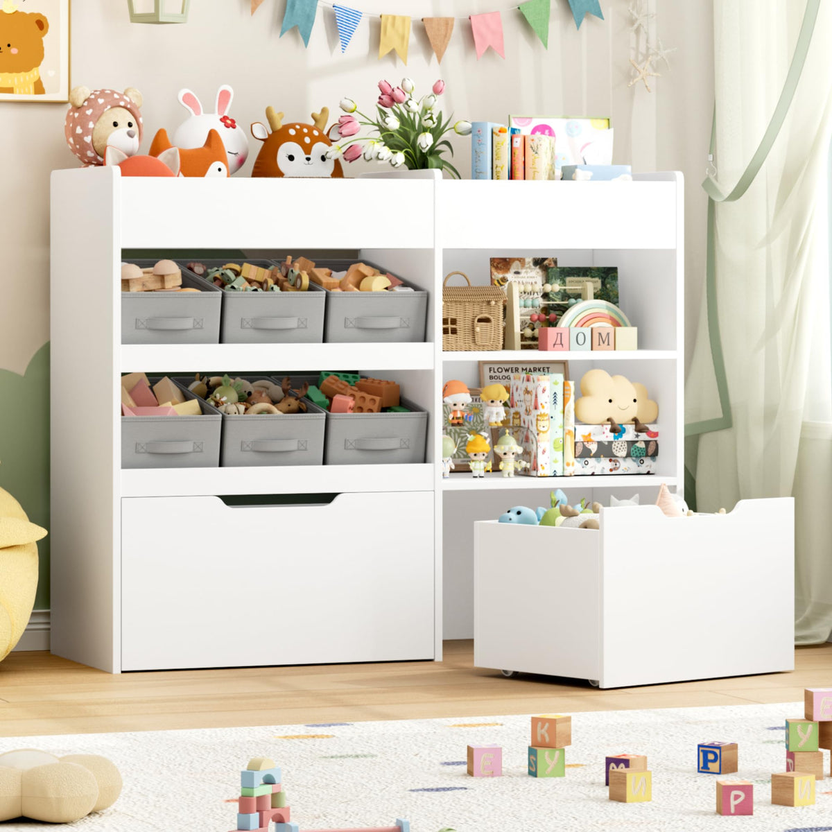 Kids Toy Storage Organizer with Bookshelf and 2 Rolling Drawers - Image 1