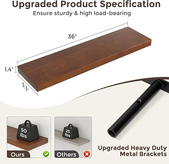 Floating Shelves for Wall, 36"Wx9.3"D USA-Sourced Douglas-Fir Solid Wood Rustic Wall Shelves with Heavy Duty Invisible Bracket, Nursery Book Storage Display Shelf for Bathroom, Set of 2, Walunt Finish