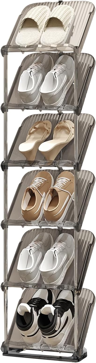 YYW Narrow Shoe Rack Vertical Shoes Rack for Entryway Corner Shoe Storage Organizer for Small Spaces Transparently Tall Slim Shoe Shelf for Front Door Entrance Living Room Grey 6 Layers