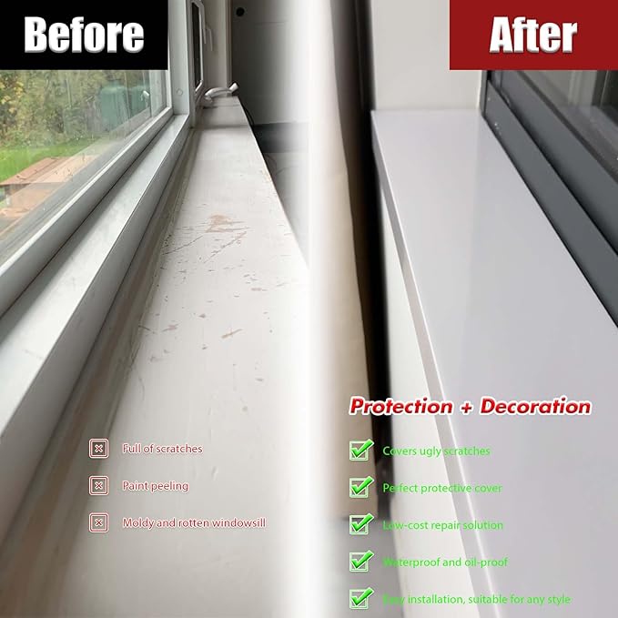 White Window Sill Protector 48 inch Wide, 6 inch Deep Waterproof PVC Window Sills Cover Board, Cuttable Windows Replacement Plate for Decor