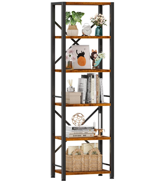 Furologee 6 Tier Bookshelf, Tall Narrow Bookcase, Rustic Brown - Image 1
