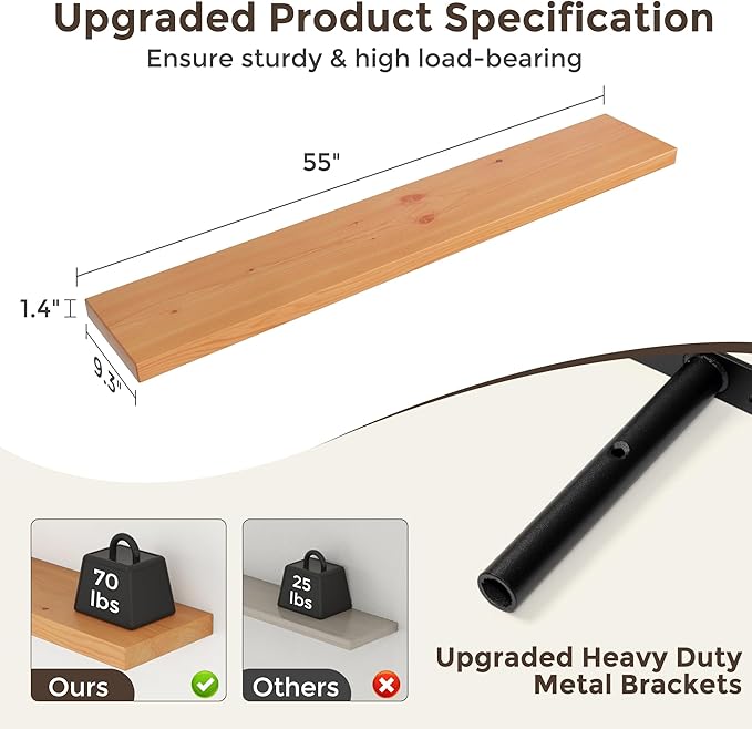 55 Inch Floating Shelves for Wall, 9.3" Deep USA-Sourced Solid Wood Wall Shelves with Heavy Duty Invisible Bracket, Nursery Storage Display Shelf for Living Room, Kitchem, Bedroom, Set of 1, Natural