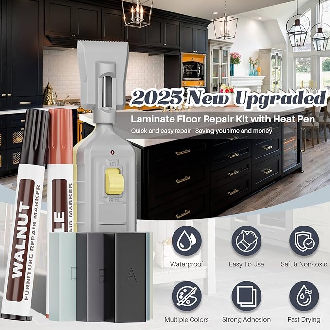 Hardwood Floor Scratch Repair Kit, Laminate Vinyl Floor Repair Kit with Heat Pen, 6 Colors Floor Wax Wood Furniture Touch up Marker Pen Scratch Remover for Cracks, Holes, Table, Cabinet.