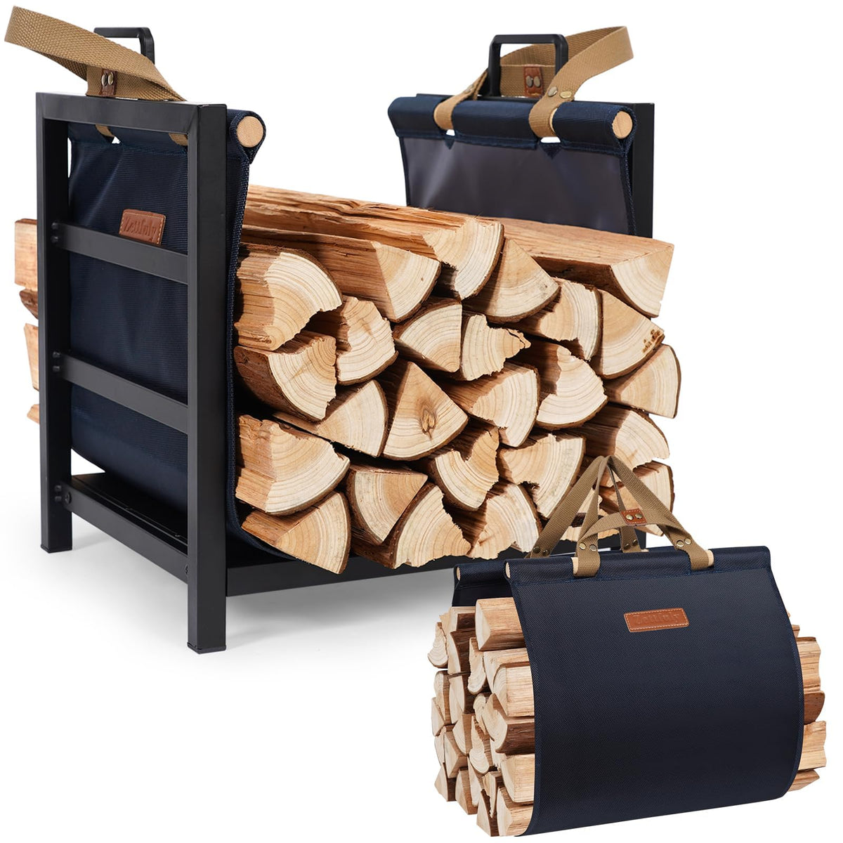 Firewood Rack Indoor Outdoor with Firewood Carrier,16 inch, Navy - Image 1