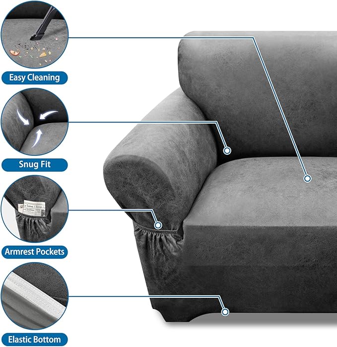 Loveseat Sofa Slipcover Leather Look Couch Covers for 2 Seater Couch Sofa 1-Piece Sofa Cover Stretch Furniture Protector with Elastic Bottom & Pockets(Loveseat, Grey)