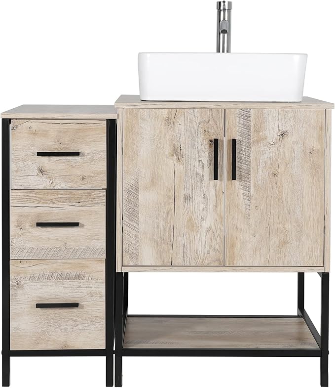 eclife 36" Bathroom Vanity Sink Combo Modern Metal Stand Cabinet W/Bottom Shelf & Storage Side Cabinet White Rectangle Vessel Sink & Water Save Faucet & Pop Up Drain, Oak (T03)