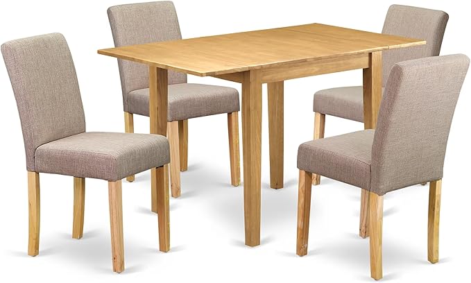 East West Furniture 1NDAB5-OAK-04 5 Piece Dining Set Includes a Rectangle Dining Room Table with Dropleaf and 4 Light Tan Linen Fabric Upholstered Parson Chairs, 30x48 Inch, Oak