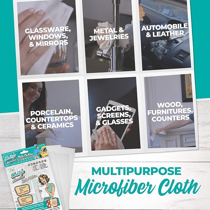 Molly's Marvelous Cloth, Streak-Free, Lint-Free Microfiber Cleaning Cloth, Polishing Cloth for Glass, Stainless Steel, Use for Kitchen, Bath, Cars, Detailing, Reusable (8pk, White)