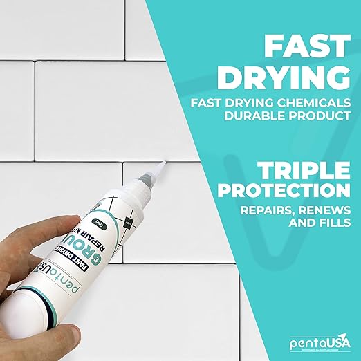 PentaUSA Tile Grout Repair Kit - Premixed Acrylic Sanded Grout for Bathroom,Shower&Kitchen, Repairs, Renews & Restores, Waterproof Formula, Gray, (8.8oz / 250gr)