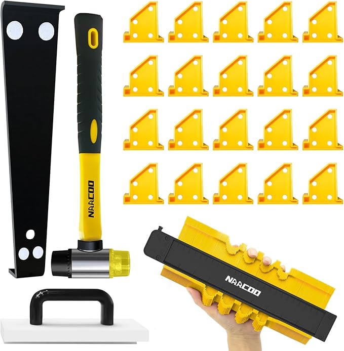 Laminate Flooring Tools, NAACOO LVP Installation Kit, Professional Vinyl Flooring Tools - Tapping Block with Handle, 10” Contour Gauge, Pull Bar, 2 in 1 Spacers, Double-Faced Mallet.