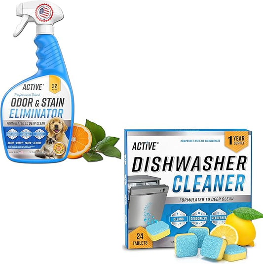 ACTIVE Pet Stain & Odor Eliminator and Dishwasher Cleaner - Includes 32oz Pet Stain & Urine Remover and 24ct Dishwasher Cleaning Tablets