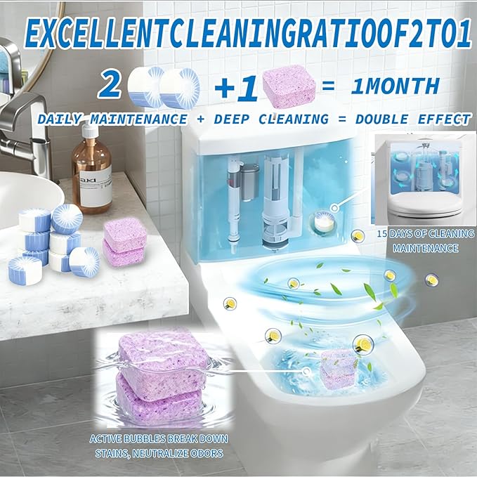 48PACK Toilet Cleaning Tablets Set - 16 Effervescent Toilet Bowl Cleaners Tablets + 32 White Blue Toilet Tank Tablets, Double-Action Formula for Stain, Water Deposit Removal