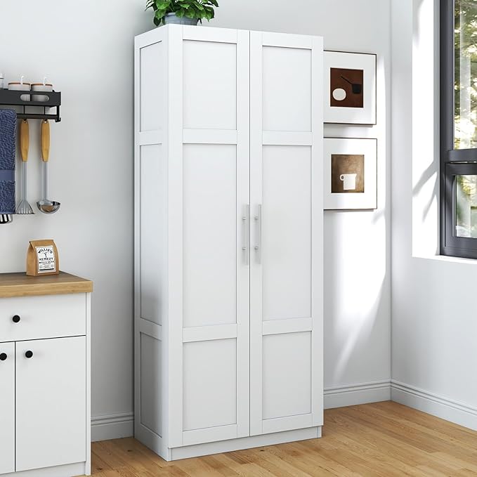 KEIKI 70.87" Tall Kitchen Pantry Storage Cabinet with 2 Door and Shelves, Freestanding Wood Hutch Food Pantries Cupboard for Coffee Bar, Dining Room, Living Room, White