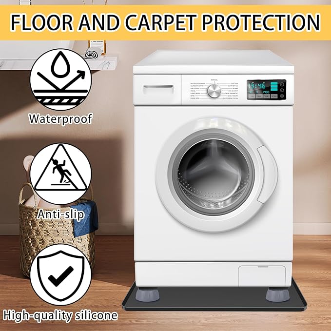 Large Washing Machine Drain Pan 33"x30" with 4 Anti-Vibration Foot Pads – Washer Tray,Non-Slip, Waterproof, Laundry Appliance Floor protection Set –Noise Reduction Leak Prevention -Soft Silicone Mat