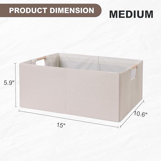 ANMINY 6PCS Storage Baskets for Organizing Collapsible Fabric Storage Bins Boxes with Wood Handles Closet Shelves Cube Organizer Bins Clothes Laundry Storage Container - Medium, Beige