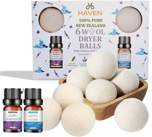 Reusable Wool Dryer Balls w/Essential Oils Bundle XL-6 Pack with 2 Essential Oils, Eco-Friendly Wrinkle Reducer Wool Dryer Balls Handmade & Hypoallergenic Natural Fabric Softener|Ocean & Lavender Oil