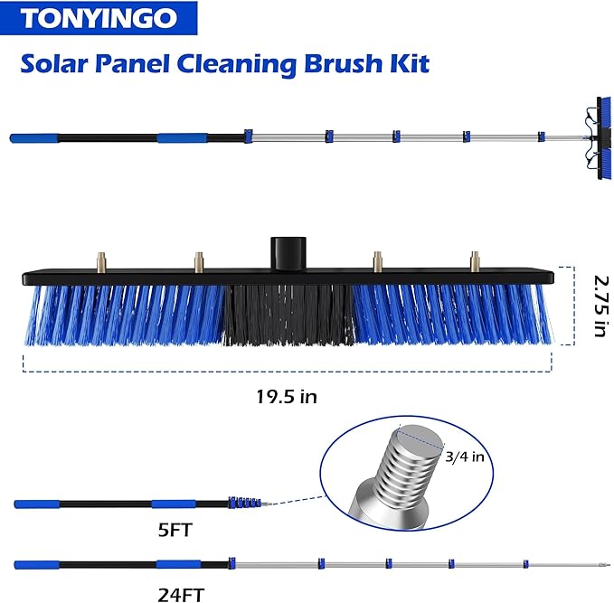30 FT Reach Solar Panel Cleaning Brush Kit with 5-24 FT Telescopic Extension Pole, Water Fed Pole with Dual Action Flip-Lock & Screw Fixing Design, Ideal for Snow Removal, Windows, Boats, RVs