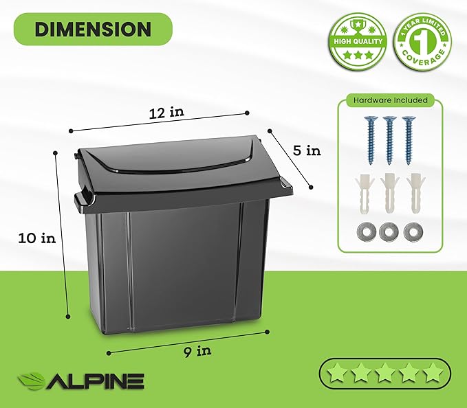 Alpine Sanitary Napkin Receptacle - Feminine Hygiene Disposal Container, Wall Mounted Trash Can with Odor Control Seal & Installation Hardware (Black)