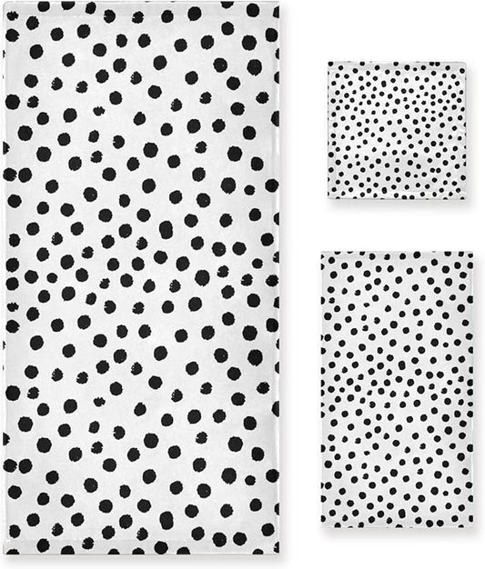 3 Piece White Black Polka Dot Bath Towel Set,Microfiber Decorative Vintage Black Spots Doodle Pattern Modern Bathroom Towels,1 Bath Towel 1 Hand Towel for Bathroom Kitchen,1 Washcloth for Face