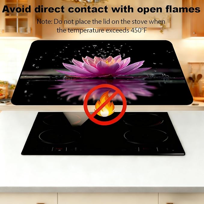 Glass Stove Top Covers for Electric Stove, Heat Resistant Counter Protector Mat, Non Slip Waterproof Surface Cover for Kitchen Counter and Cooktop (Pink water lilies, 28"L x 20"W)