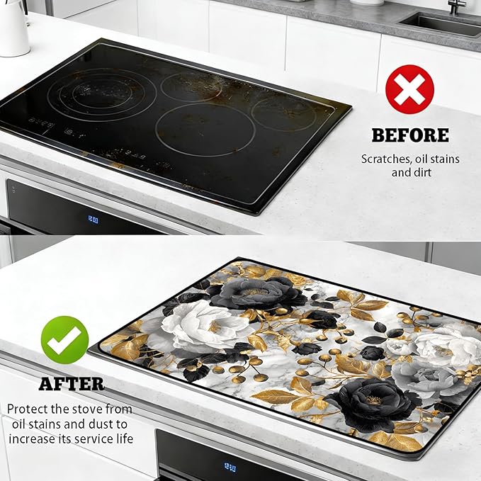 Glass Stove Top Covers for Electric Stove, Heat Resistant Counter Protector Mat, Non Slip Waterproof Surface Cover for Kitchen Counter and Cooktop (Gold Floral, 28"L x 20"W)
