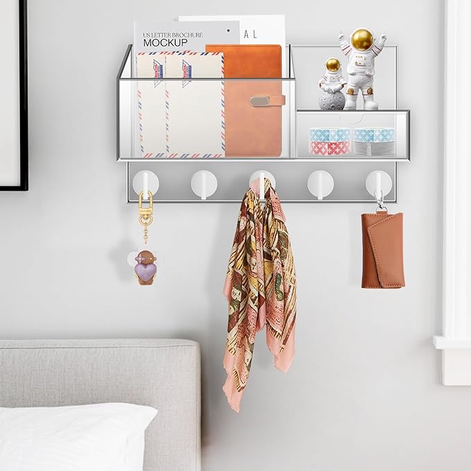 Acrylic Key Holder Wall Mount Mail Organizer for Wall with Shelf Storage Drawer and 5 Hooks, Clear