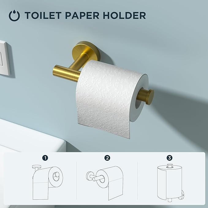 FORIOUS 4 Piece Bathroom Accessories, SUS304 Stainless Steel Toilet Paper Holder, Towel Ring and 2 Towel Hooks, Wall Mounted Bathroom Hardware Set (Brushed Gold)
